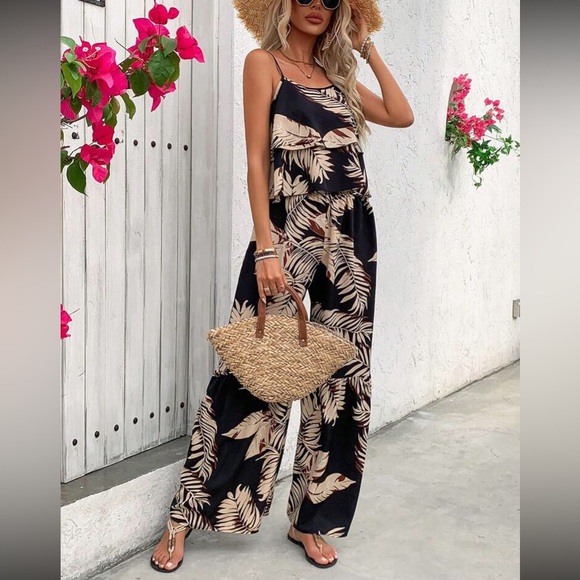 Boho floral print cami top and wide leg pants set